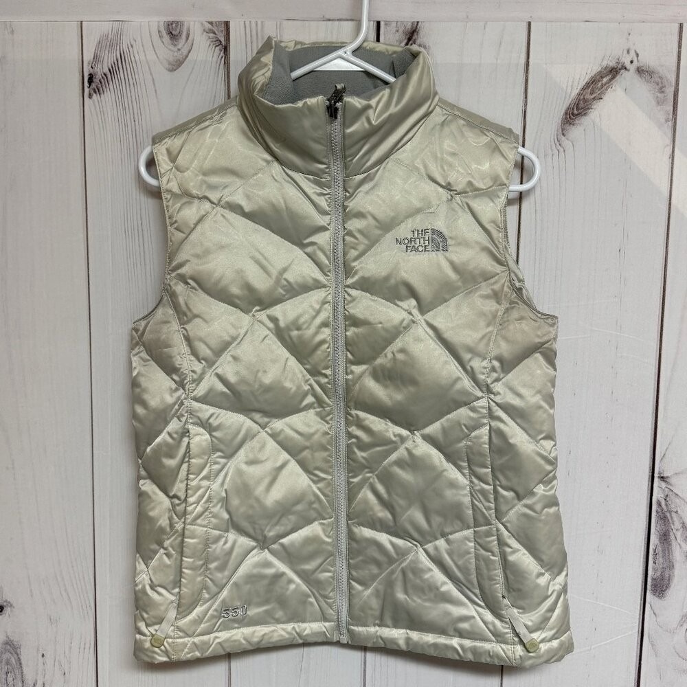 The North Face Womens 550 Fill Down‎ Vest Small Ivory Quilted Puffer EUC
